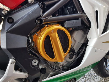 Open koppelingsdeksel met lexaan venster MV Agusta Rivale 800 (2013-2017) goud met zwarte drukplaat en zwarte veerschotels