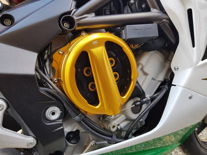 Open koppelingsdeksel met lexaan venster MV Agusta Turismo Veloce 800 (2014-2017) goud met zwarte drukplaat en gouden veerschotels