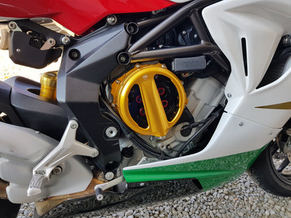 Open koppelingsdeksel met lexaan venster MV Agusta F3 675 RC (2012-2021) goud met zwarte drukplaat en rode veerschotels
