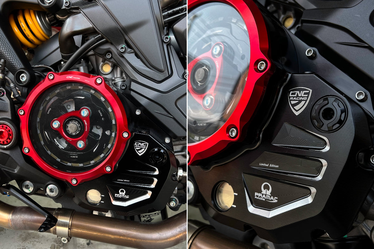 Koppelingsdeksel met open venster Pramac Racing Edition Ducati Monster 821 (2013-2017) zwart-rood gemonteerd op Monster