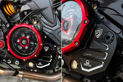 Koppelingsdeksel met open venster Pramac Racing Edition Ducati Hypermotard 821 (2013-2015) zwart-rood gemonteerd op Monster