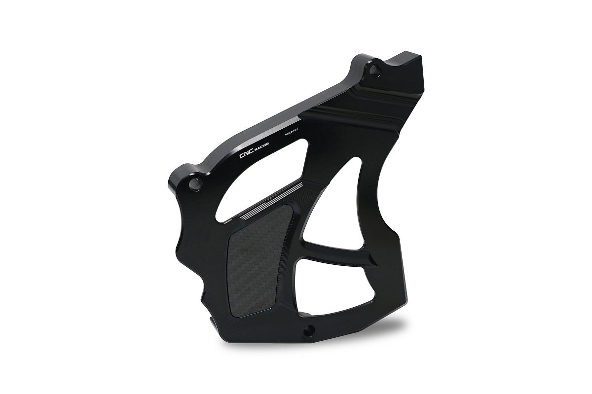 Zwarte CNC Racing tandwielcover met echt carbon inleg voor MV Agusta – CNC-gefreesd aluminium, plug-and-play montage