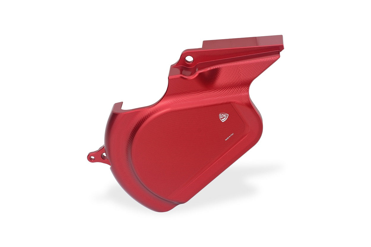 Rode CNC Racing voortandwielcover met fijne bewerkingslijnen en geanodiseerde toplaag, geschikt voor Ducati Panigale V2 / Streetfighter V2 (2025+).