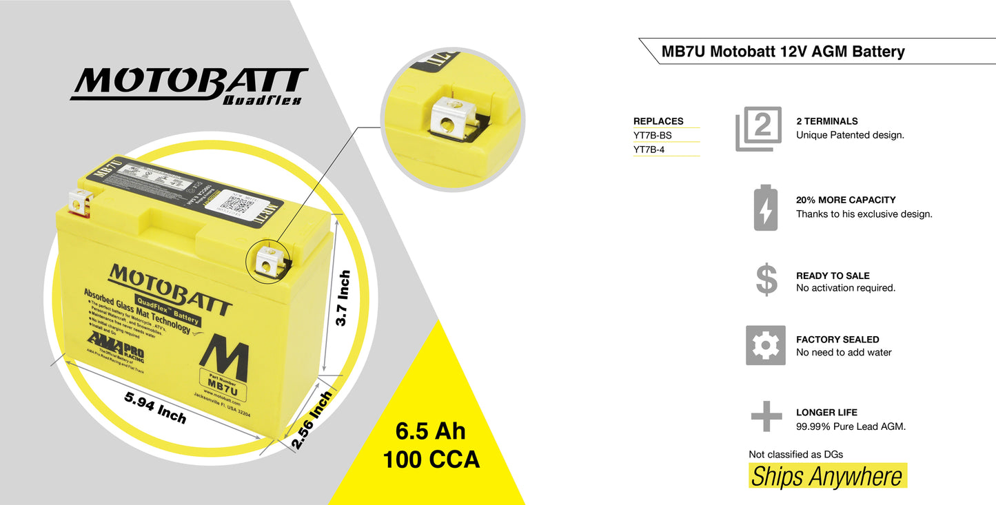 Motobatt MB7U SLA battery 12V / 7AH / 100CCA (7.4AH 20HR / 324PHCA)