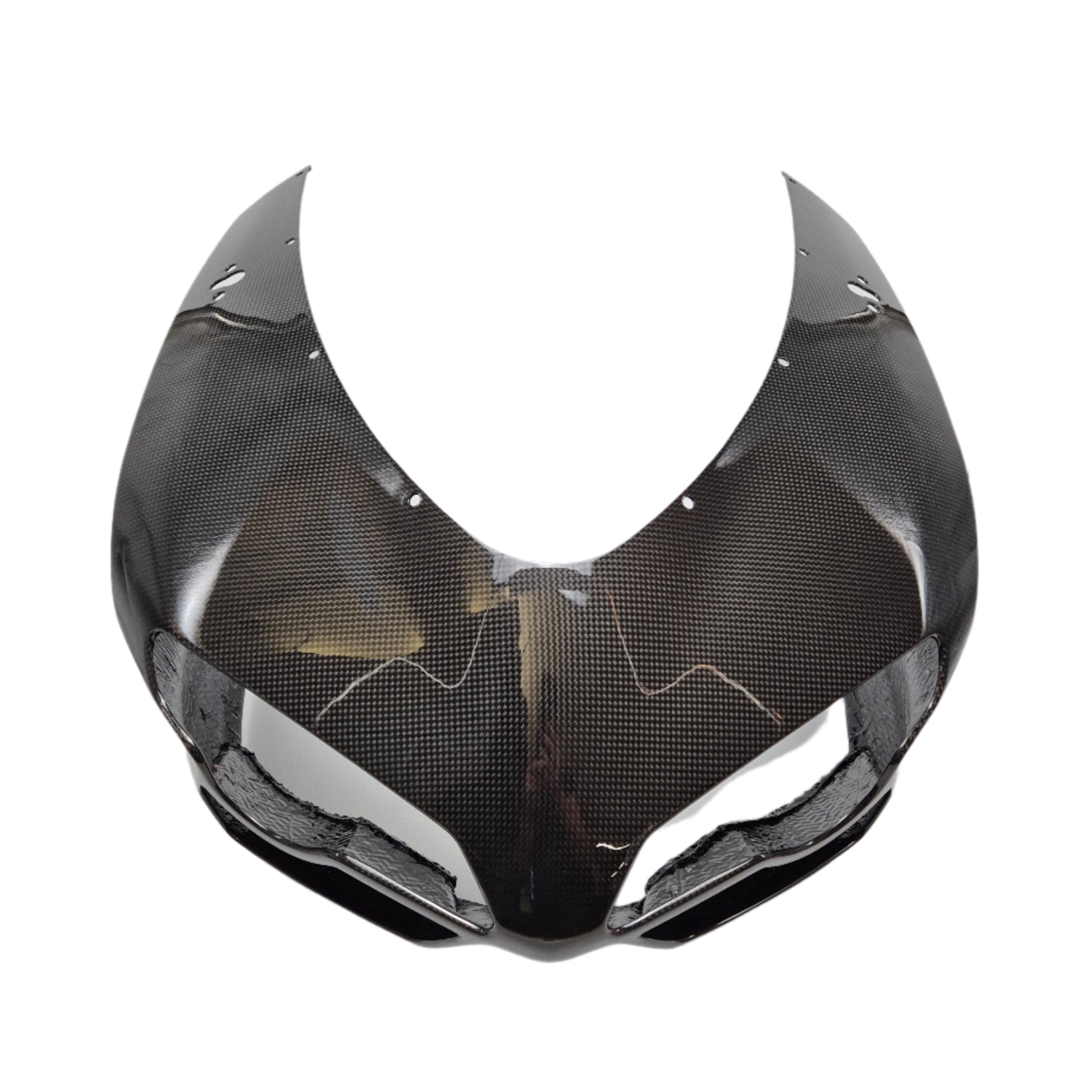 Vooraanzicht van de FullSix Carbon Headlight Fairing Strada gemonteerd op een Ducati 1098, met glanzende plain carbon afwerking en perfecte pasvorm rond de koplamp.