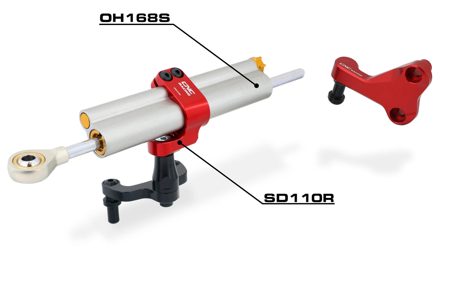 CNC Racing stuurdemper voor Ducati Monster 950 950SP productfoto rood met Öhlins stuurdemper OH168 ter voorbeeld