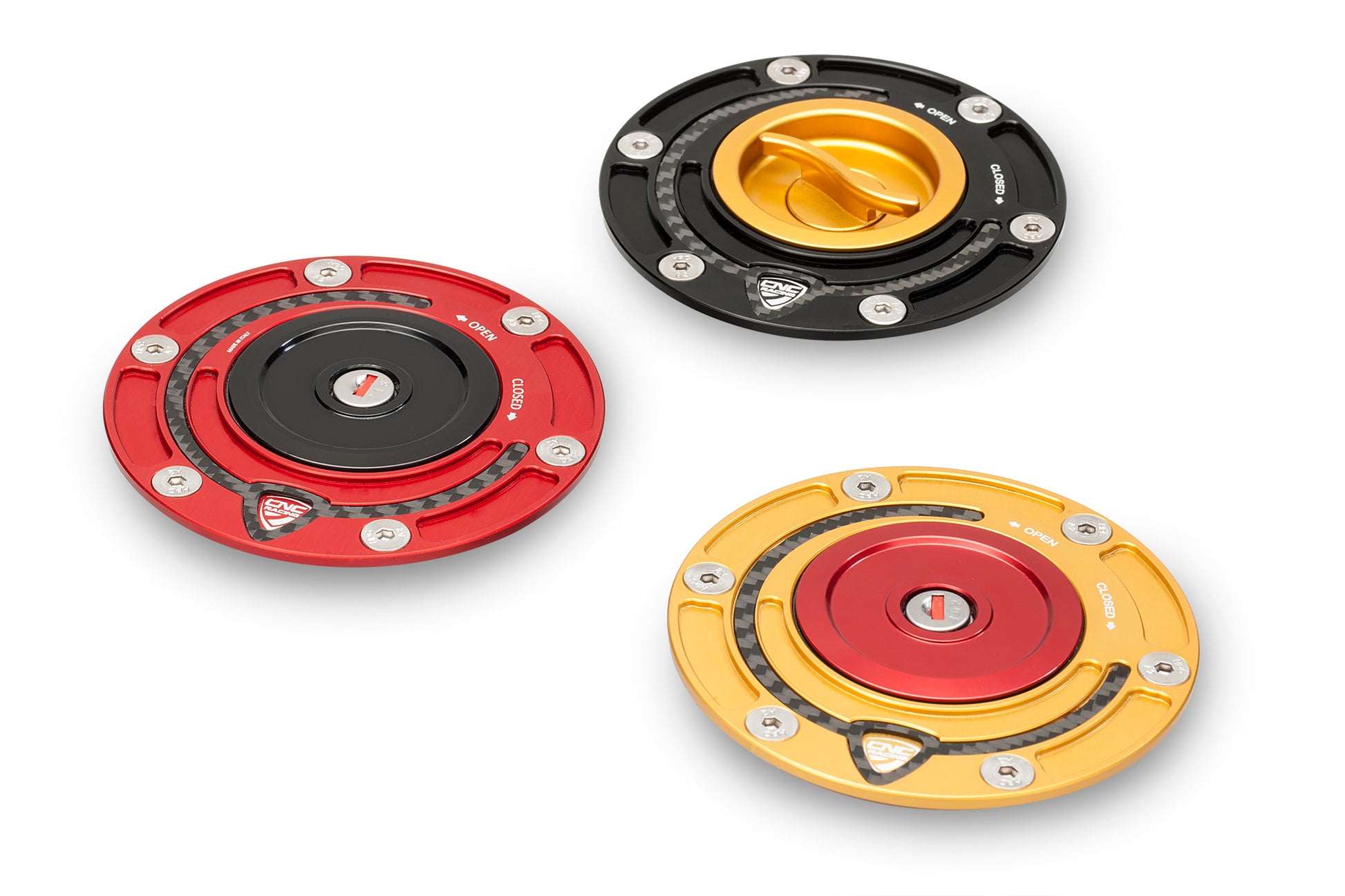 Tankdop buitenrand Carbonio MV Agusta Brutale 800 RR (2016-2017) beschikbare kleuren zwart rood en goud afgebeeld met tankdop kern