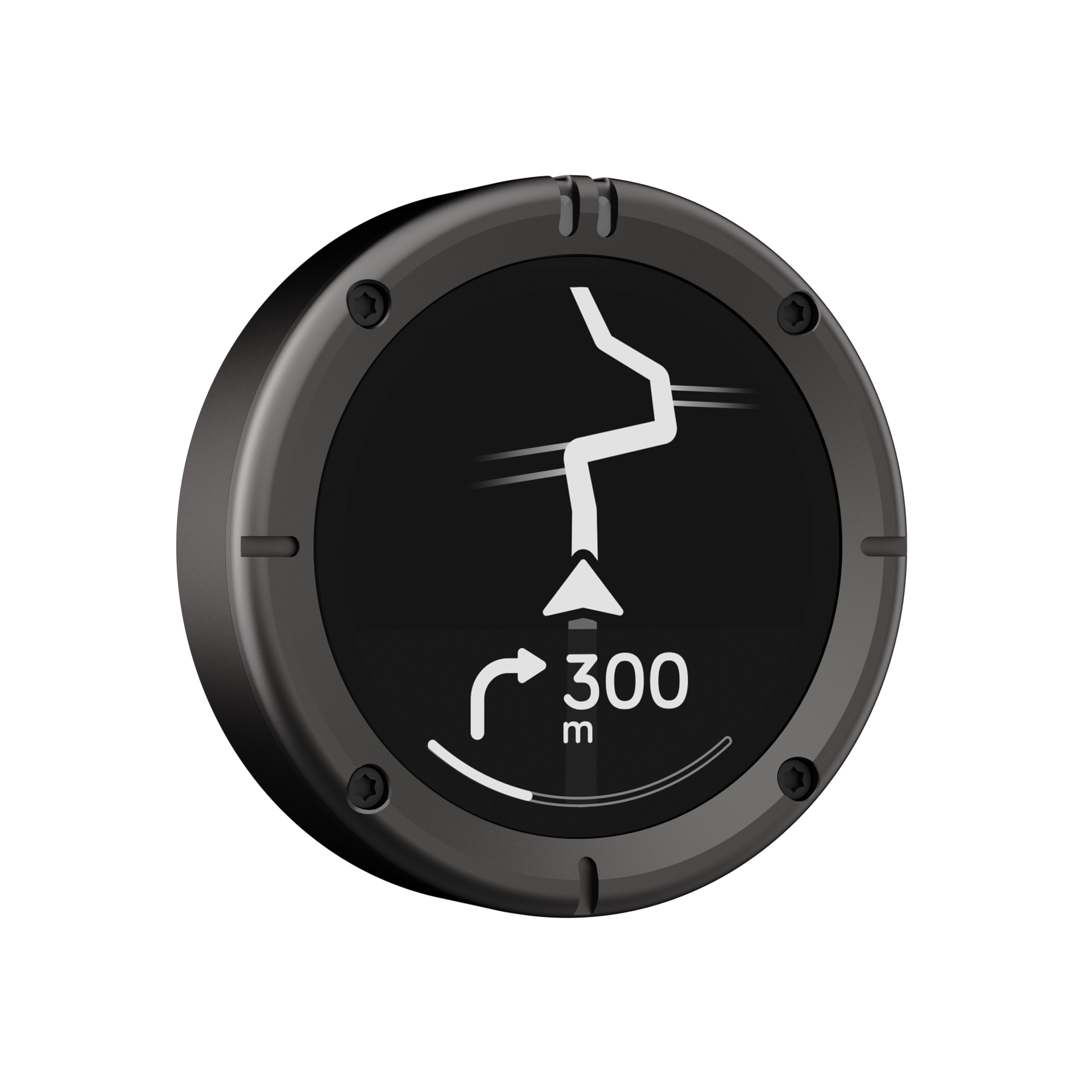 Beeline Moto 2 navigatiesysteem gun-metal-grey rand schuine hoek weergave met route en bochtinstructies