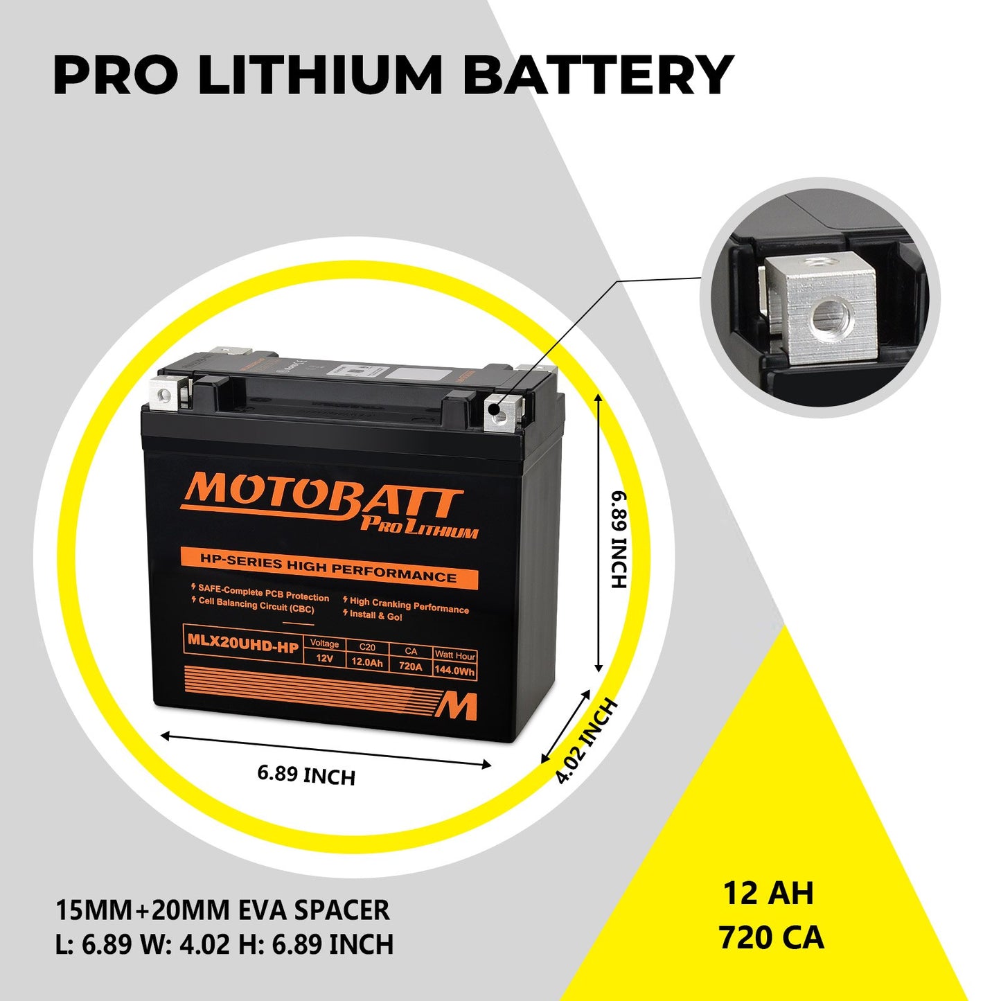 Afmetingen Motobatt MLX20UHD-HP lithium accu inclusief lengte breedte en hoogte specificaties