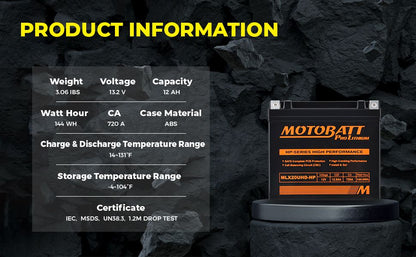 Specificaties Motobatt MLX20UHD-HP lithium accu 12Ah 720CCA inclusief gewicht en prestaties